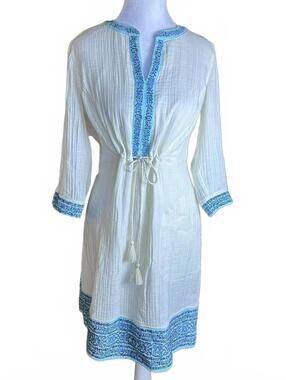 J.JILL gauze cotton coastal beach bohemian dress tie front tassels sz S NWT